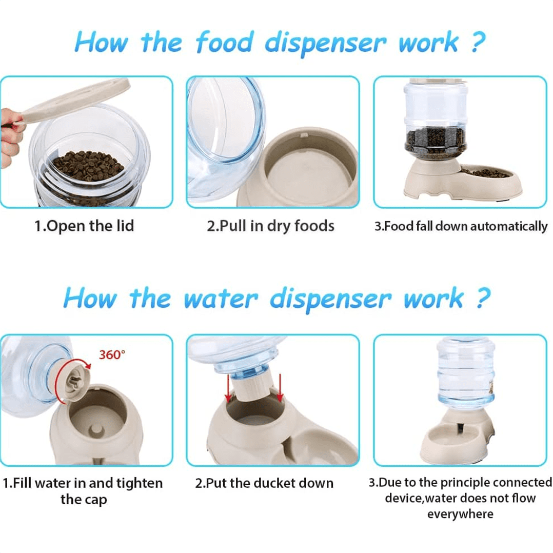 Anleitungen zur Verwendung von automatischen Futter- und Wasserspendern mit Erklärungen in Schritten.
