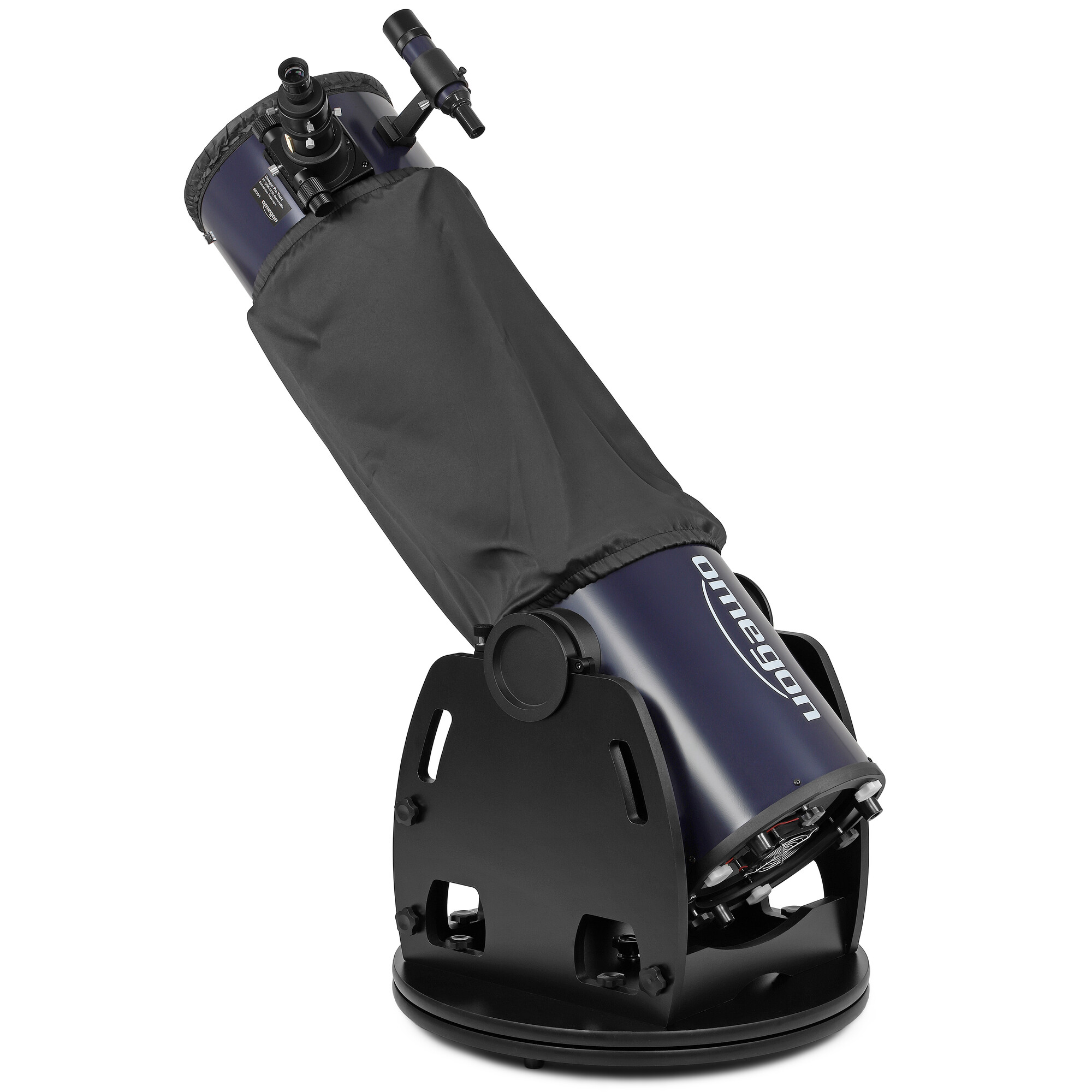 Ein blauer Dobsonian-Teleskop mit schwarzem Tubusschutz auf einer Rockerbox-Halterung.