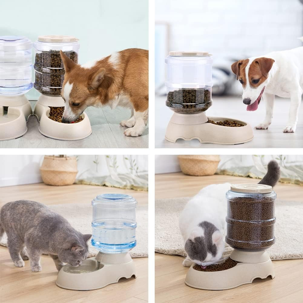 Vier Felder zeigen Haustiere, die aus automatischen Schwerkraftspendern für Futter und Wasser fressen und trinken.
