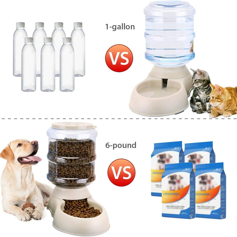 Vergleich von Kunststoffflaschen mit einem 1-Gallonen-Wasserspender für Katzen und Futterdosen mit einem 6-Pfund-Futterspender für Hunde.