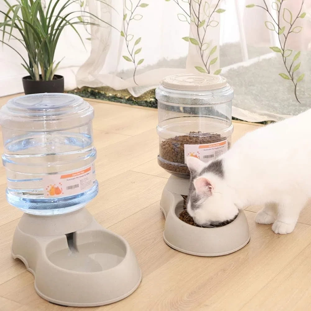 Eine weiße Katze frisst aus einem automatischen Futterspender neben einem Wasserspender.