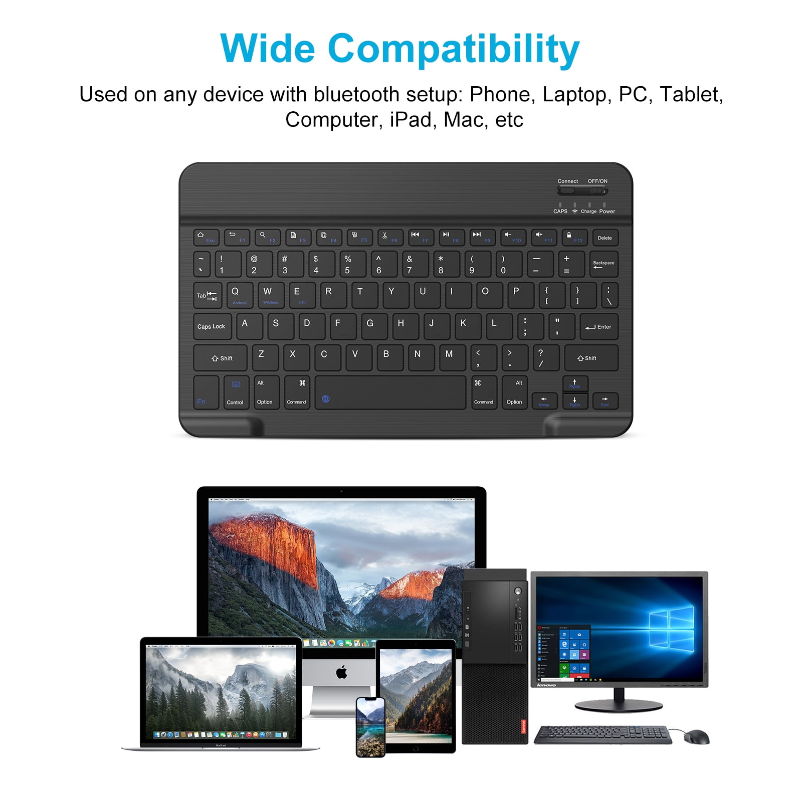 Schwarze Bluetooth-Tastatur oben mit kompatiblen Geräten wie Laptop, Tablet und PC unten.