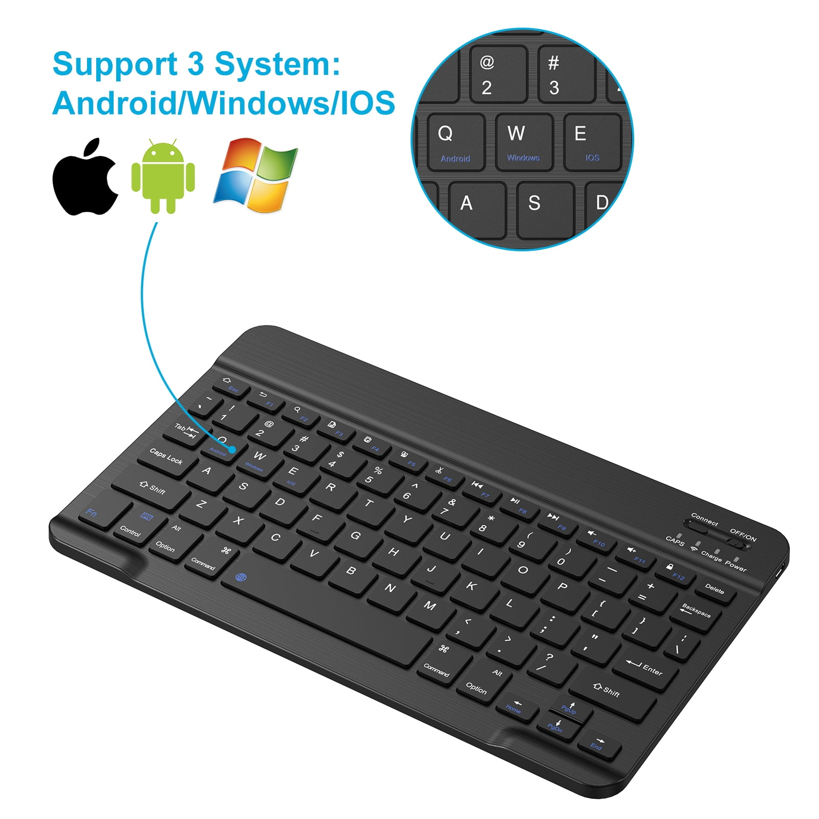 Schwarze Funktastatur kompatibel mit Android, Windows und iOS, mit Betriebssystem-Symbolen auf den Tasten.