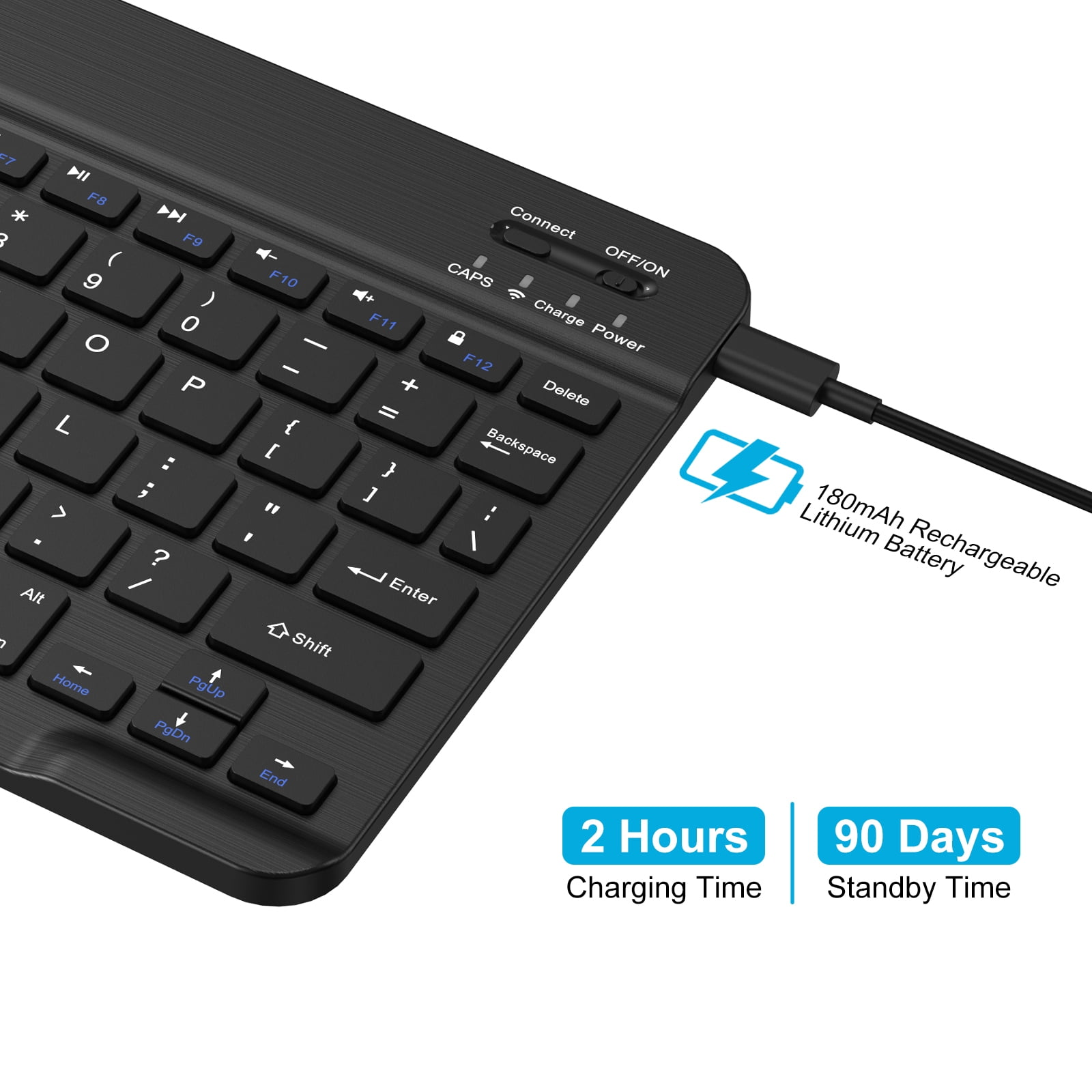 Eine schwarze Tastatur an einem Ladegerät mit Angaben zu einem 180mAh Akku und 90 Tagen Standby.