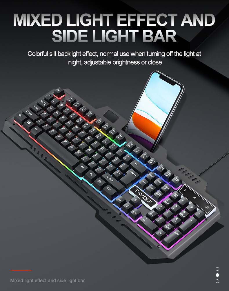 Schwarze Gaming-Tastatur mit RGB-Hintergrundbeleuchtung und integriertem Smartphone-Ständer.