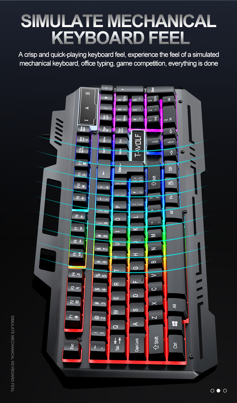 Eine schwarze Gaming-Tastatur mit bunter RGB-Hintergrundbeleuchtung auf dunklem Hintergrund mit Text.