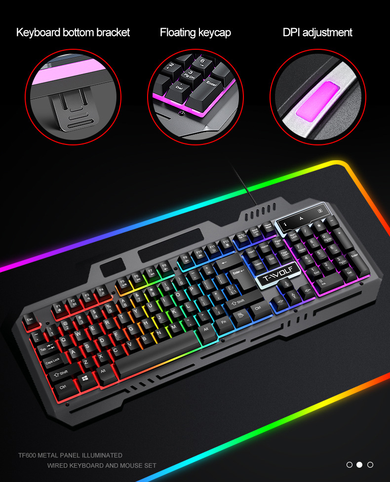 Beleuchtete Gaming-Tastatur mit Details zu Stütze, Tasten und DPI.