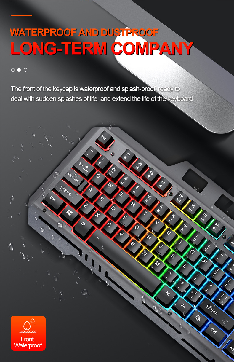 Wasserdichte Gaming-Tastatur mit RGB-Beleuchtung und Wassertropfen auf der grauen Oberfläche.