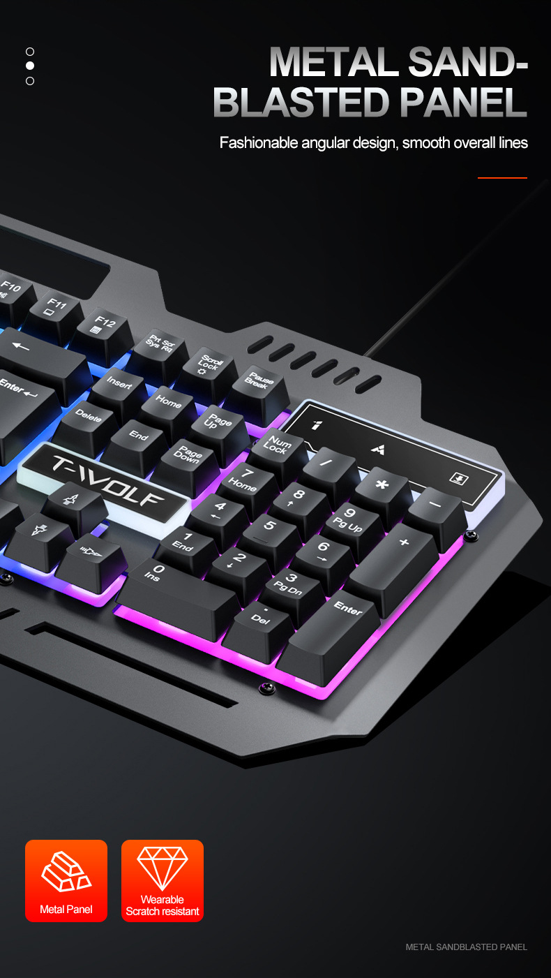 Eine schwarze mechanische Tastatur mit sandgestrahlter Metallplatte und lebendiger lila-blauem Hintergrundbeleuchtung.
