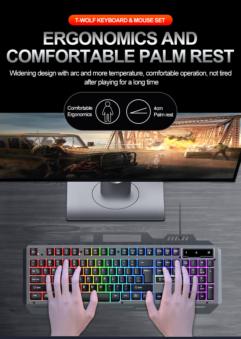 RGB-Tastatur und -Maus mit ergonomischem Design, bequemer Handballenauflage und Gaming-Monitor.