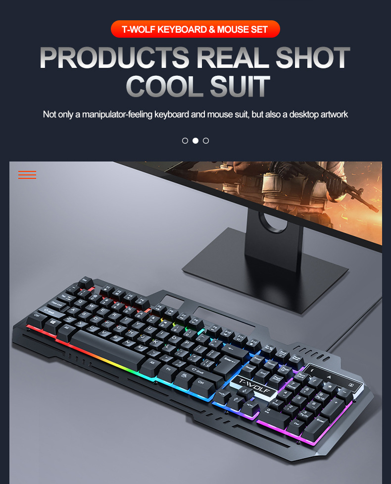 Eine schwarze Gaming-Tastatur mit RGB-Beleuchtung und ein Monitor stehen auf einem Tisch.