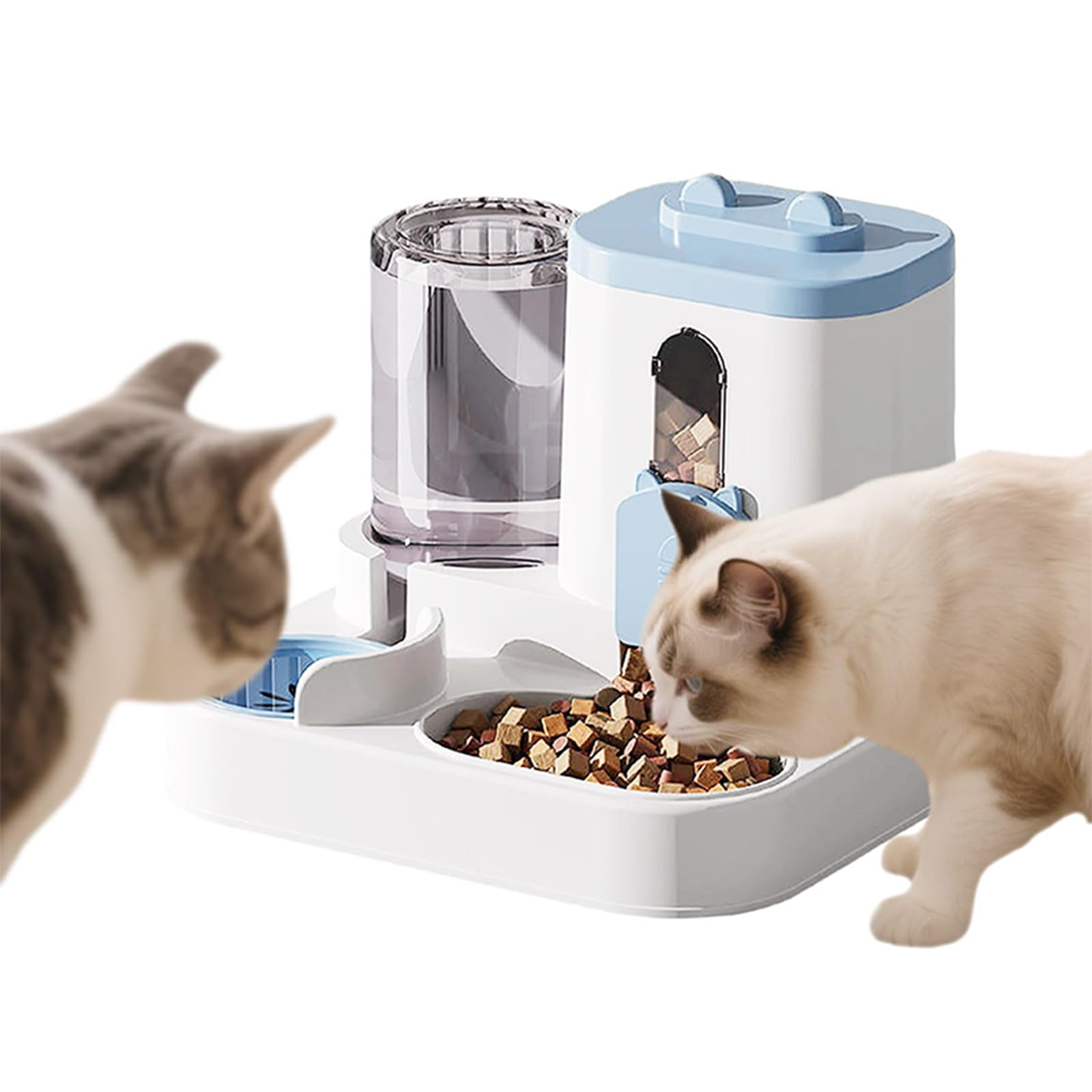 Zwei Katzen betrachten einen automatischen, weiß-blauen Haustierfutterautomaten mit Futter und Wasserspender.