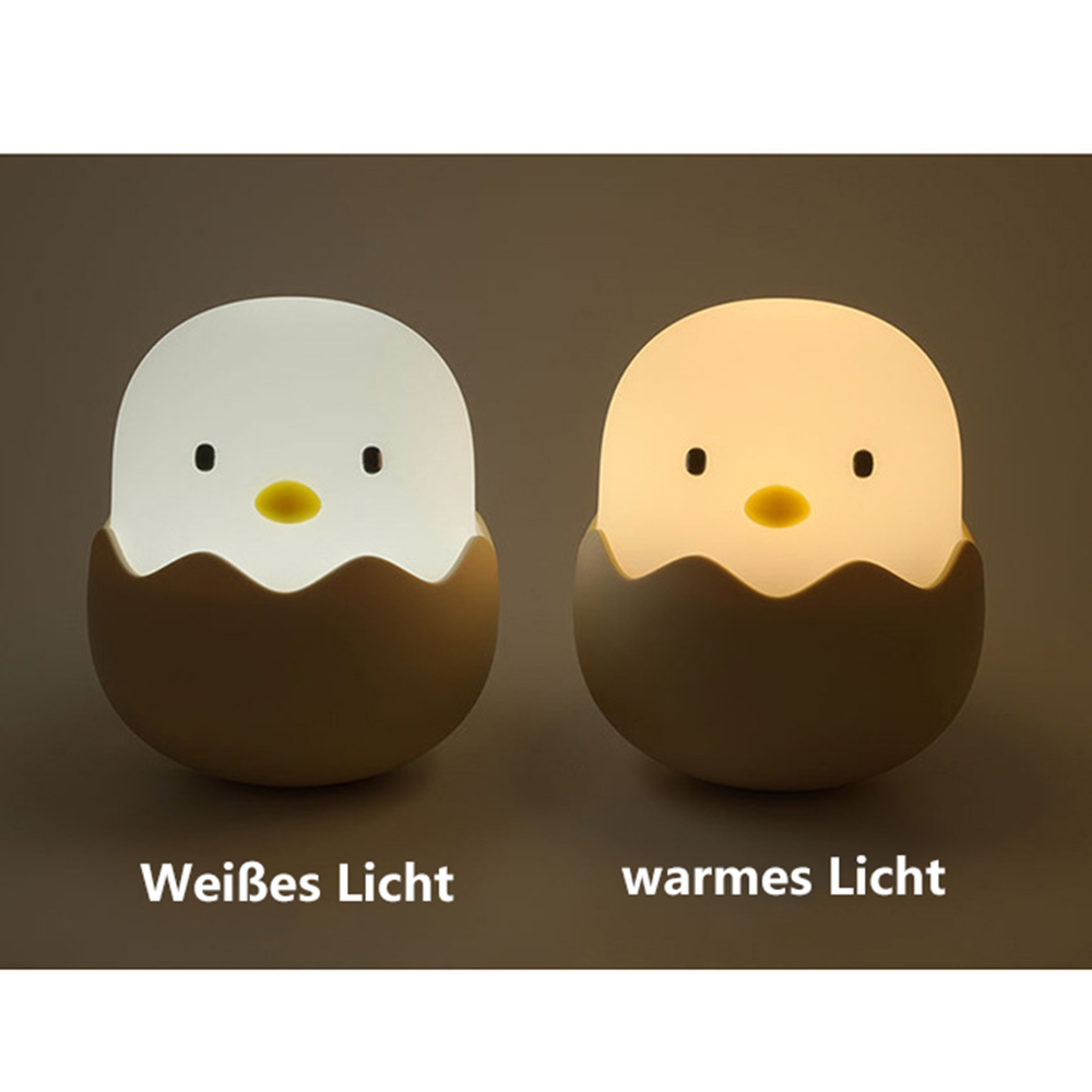 Zwei kleine Küken-Nachtlichter im Ei, eines leuchtet weiß, das andere warm.
