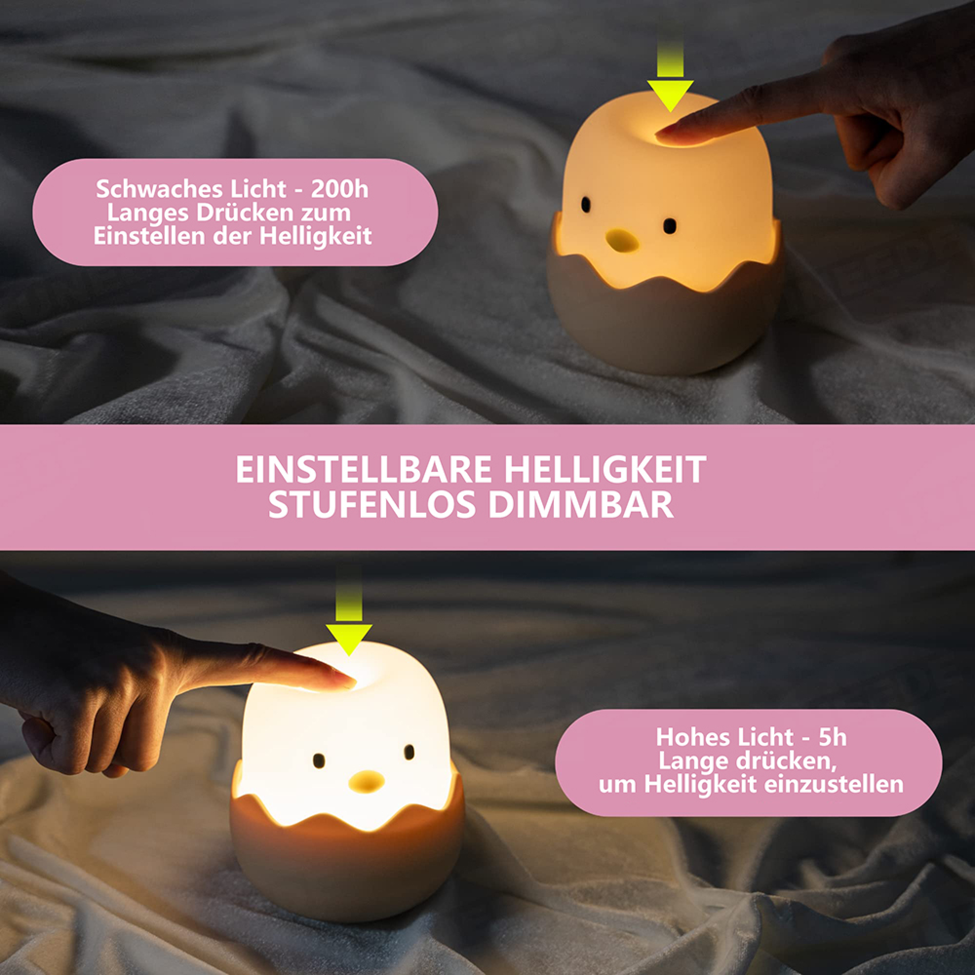 Ein Küken-Nachtlicht in einem Ei wird gedimmt, um die Helligkeit über Touch-Bedienung anzupassen.