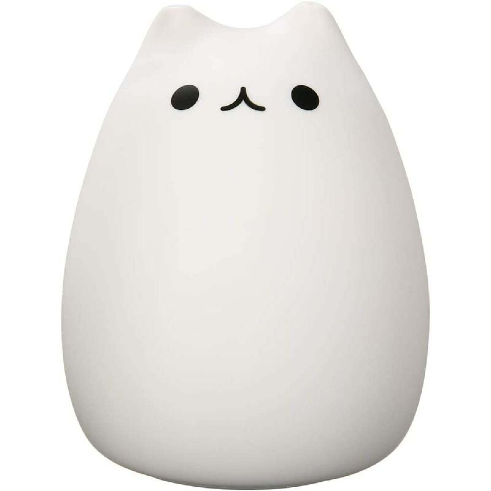 Eine weiße, kissenartige Katzenlampe mit einfachen schwarzen Augen und einem Lächeln auf weißem Hintergrund.