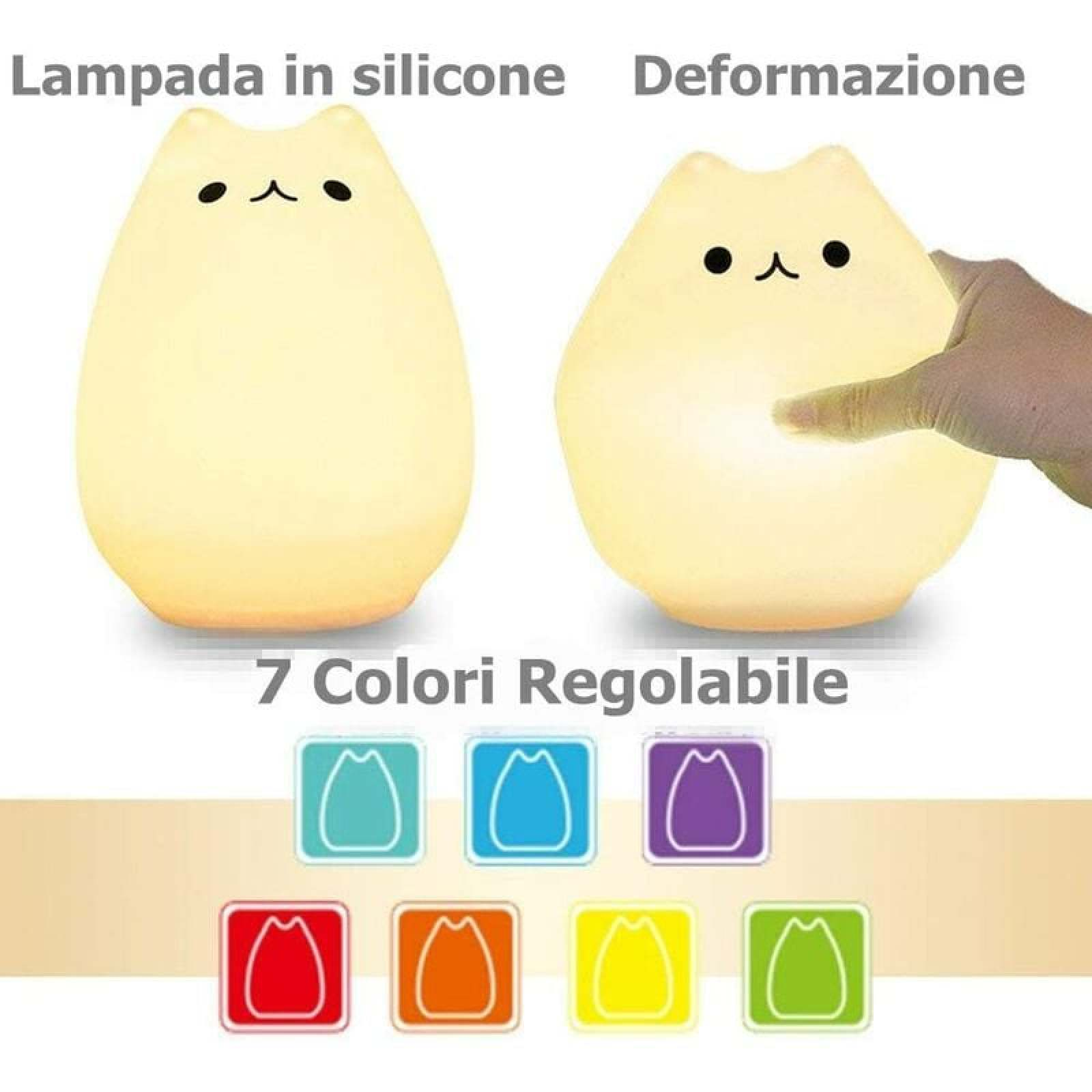 Eine weiche Silikon-Katzenlampe zeigt Deformierbarkeit und sieben einstellbare Farben mit Symbolen.