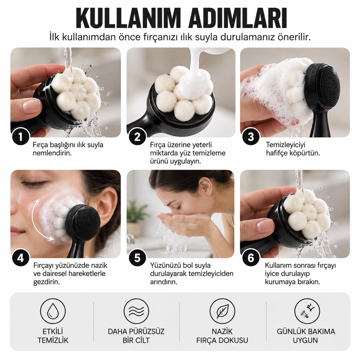 Yumuşak başlıklı yüz temizleme fırçasının kullanımını gösteren altı adımlı infografik.