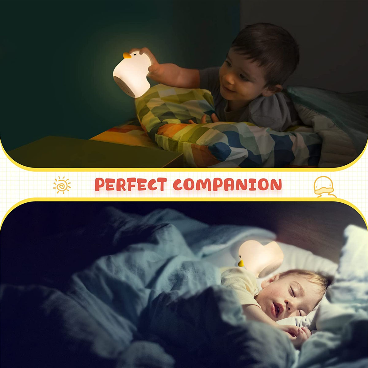 Kleinkind hält im Bett eine Entenlampe; unten schläft das Kind friedlich mit der Lampe.