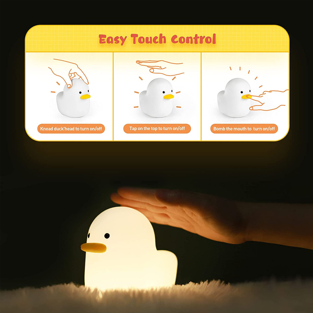 Anleitung zur Touch-Steuerung einer weißen Enten-Nachtlampe durch Berühren von Kopf oder Schnabel.