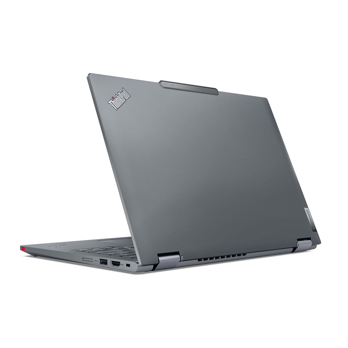 Ein geschlossener grauer Lenovo ThinkPad Laptop auf weißem Hintergrund.