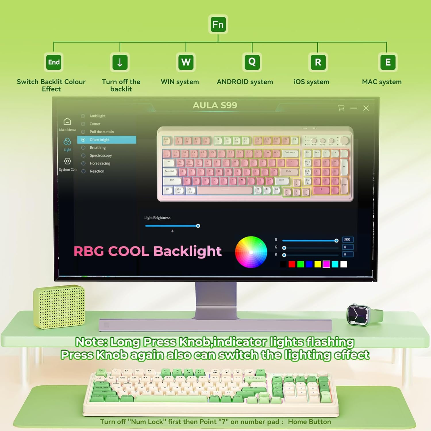 Ein Computerbildschirm zeigt Keyboard-Hintergrundbeleuchtungseinstellungen, davor liegt eine grüne und weiße Tastatur.