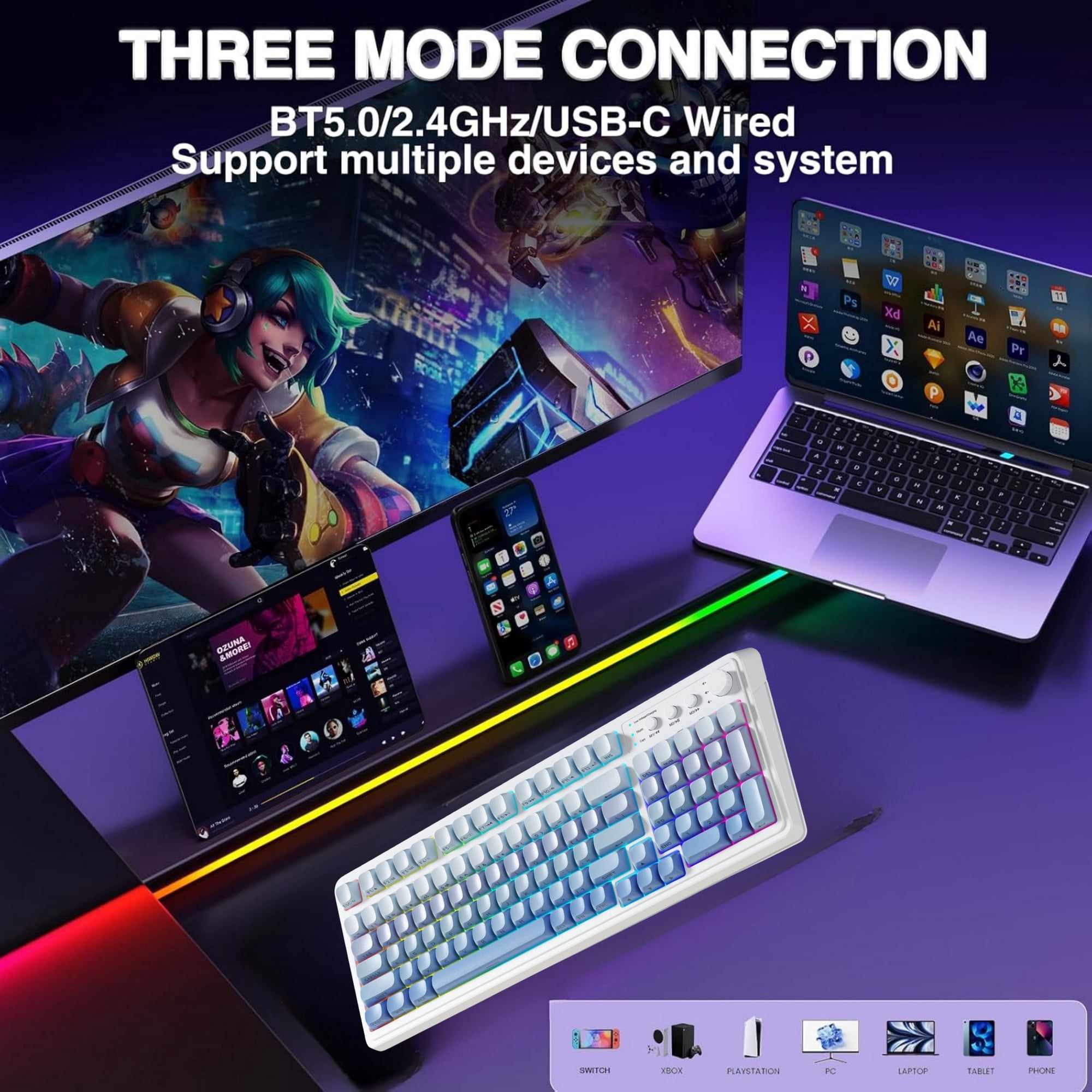 Eine weiße Tastatur, Tablet, Smartphone, Laptop und Monitor auf einem Schreibtisch mit Drei-Modus-Verbindung.