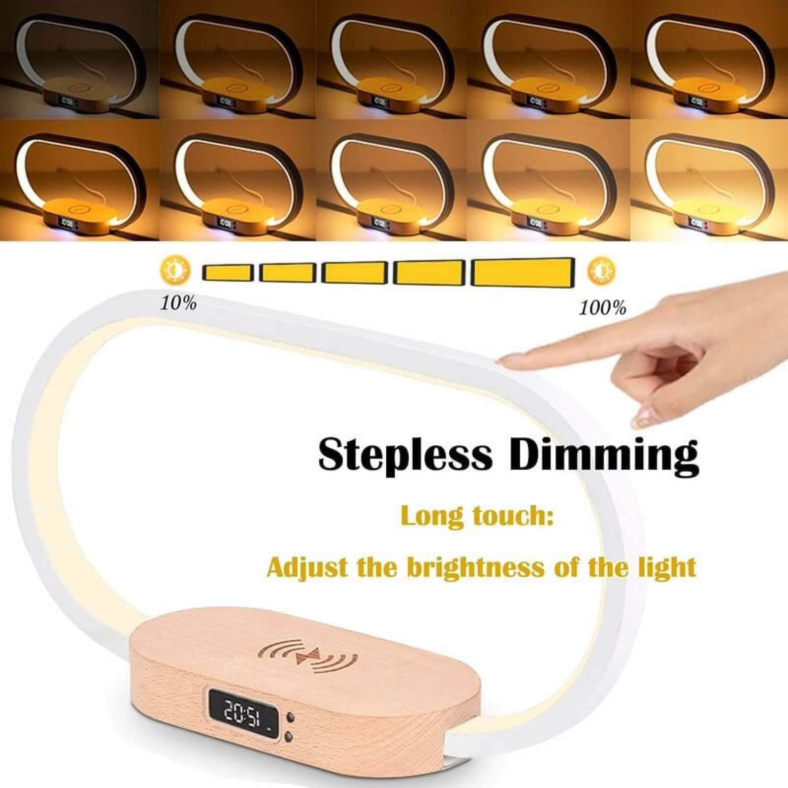 Eine Hand berührt eine weiße Lampe mit Holzbasis und Digitaluhr, die stufenlose Dimmbarkeit zeigt.