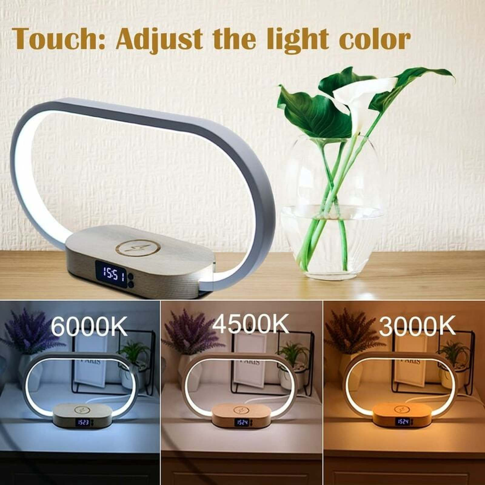 Moderne ovale Schreibtischlampe mit Holzbasis, Uhr und verschiedenen Lichtfarben bei 6000K, 4500K und 3000K.