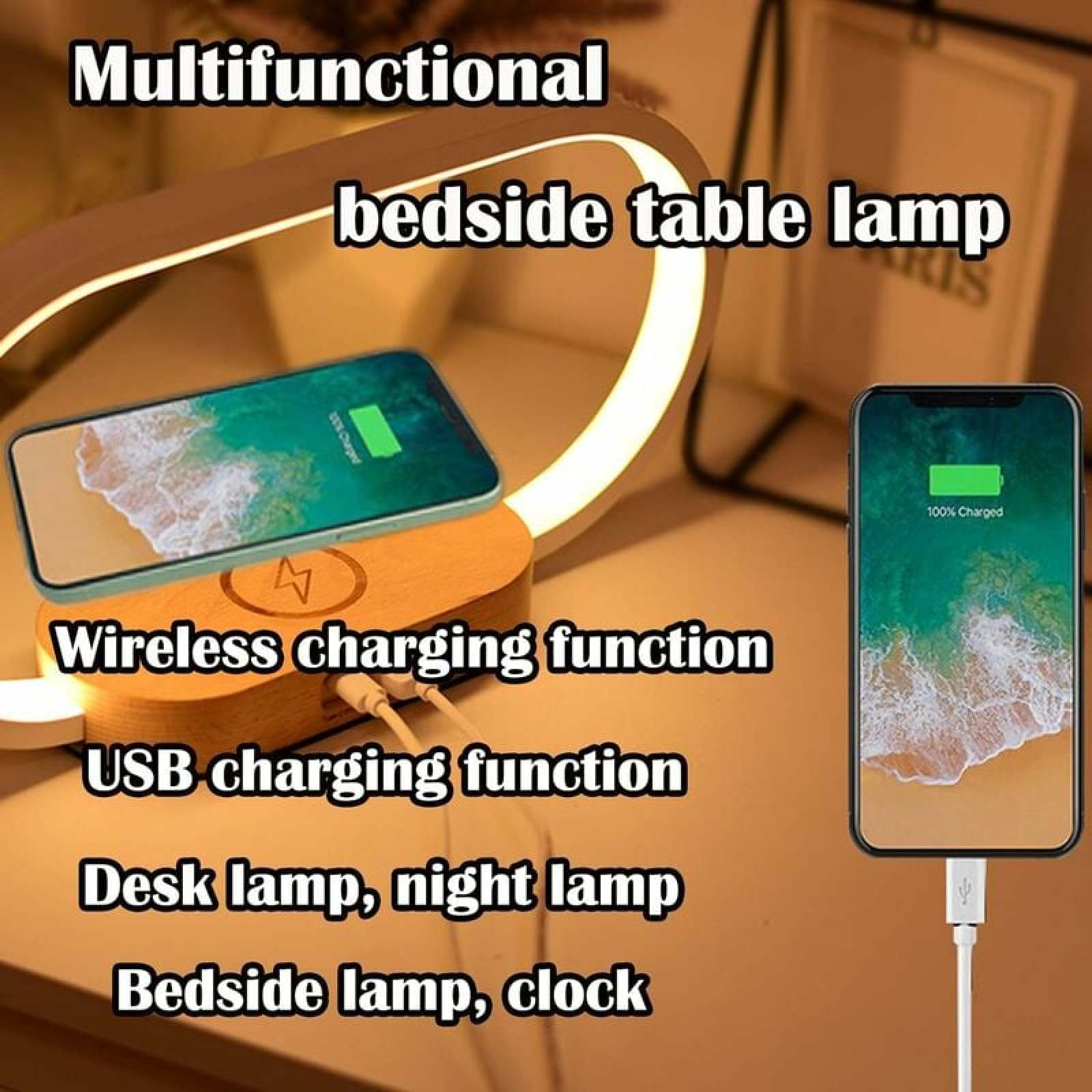 Multifunktionale Nachttischlampe mit kabelloser Ladefunktion und USB-Anschluss.