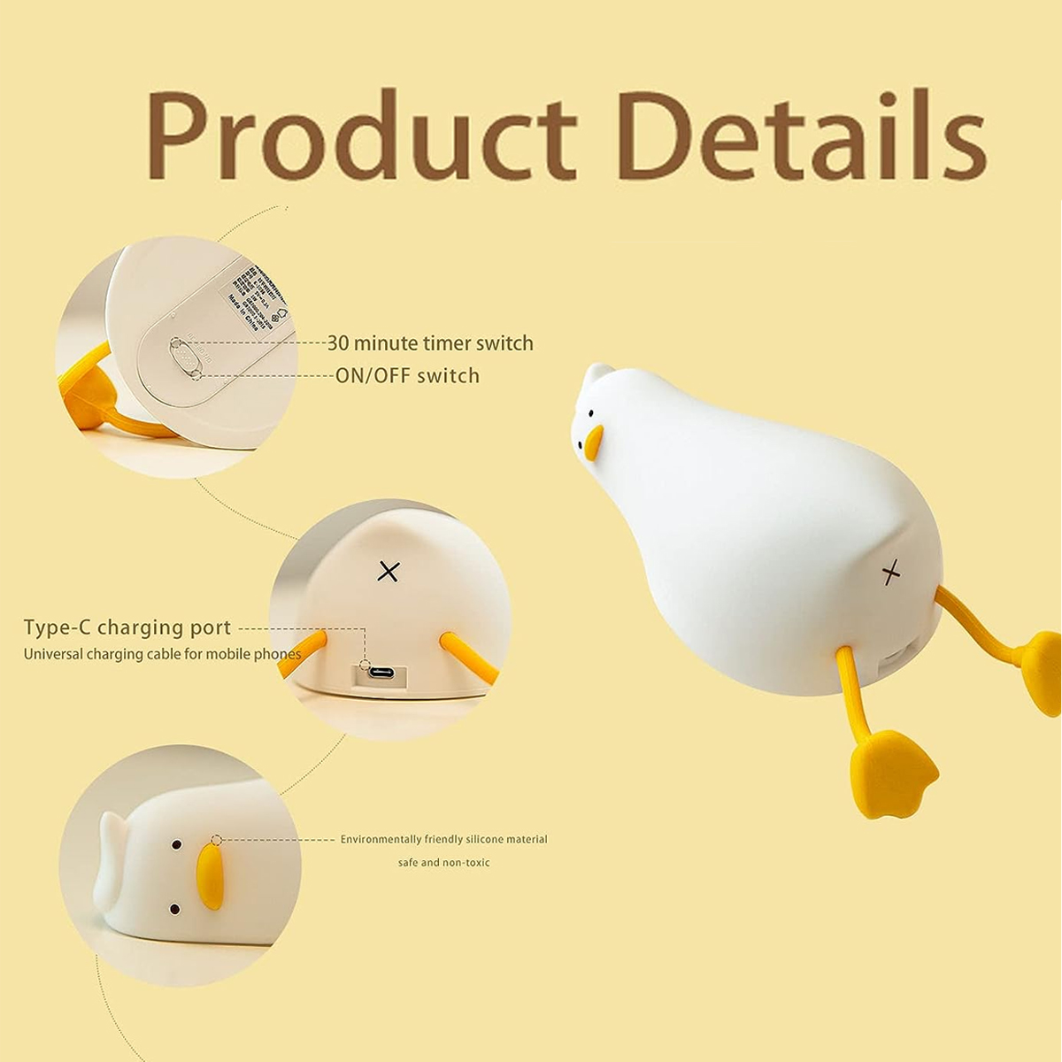 Produktdetails einer niedlichen Enten-Nachtlampe mit Schaltern, Ladeanschluss und Silikonmaterial.