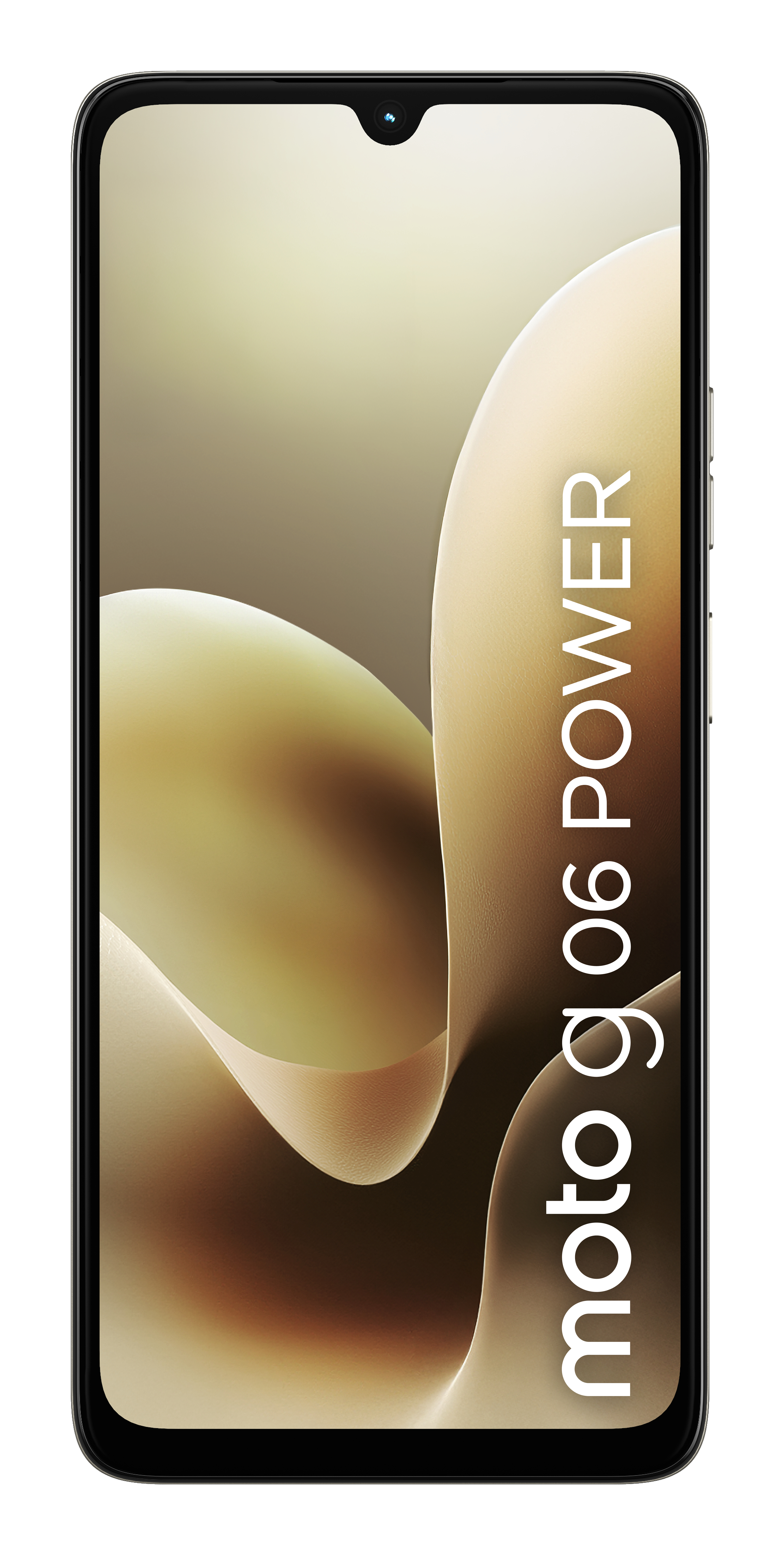 Uno smartphone nero mostra uno sfondo beige astratto e il testo bianco moto g06 POWER.