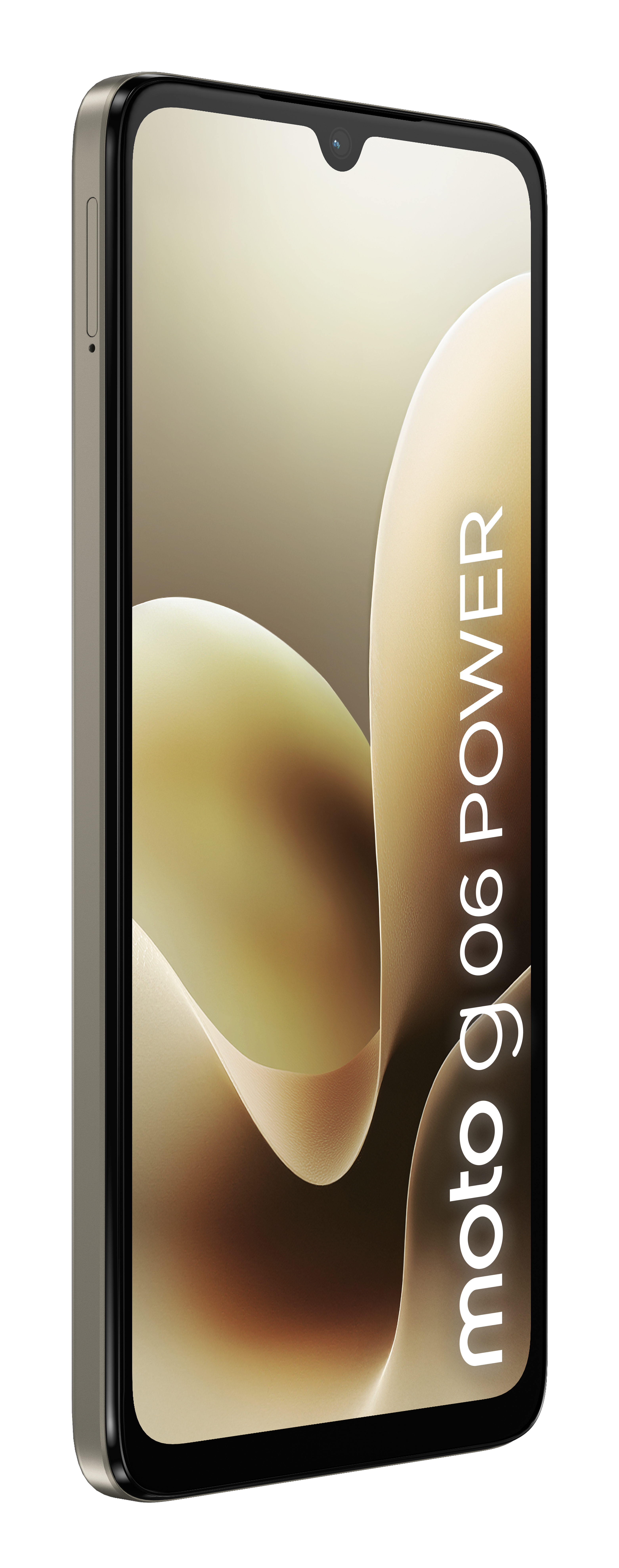 Uno smartphone Moto g06 POWER color argento con sfondo astratto curvo.