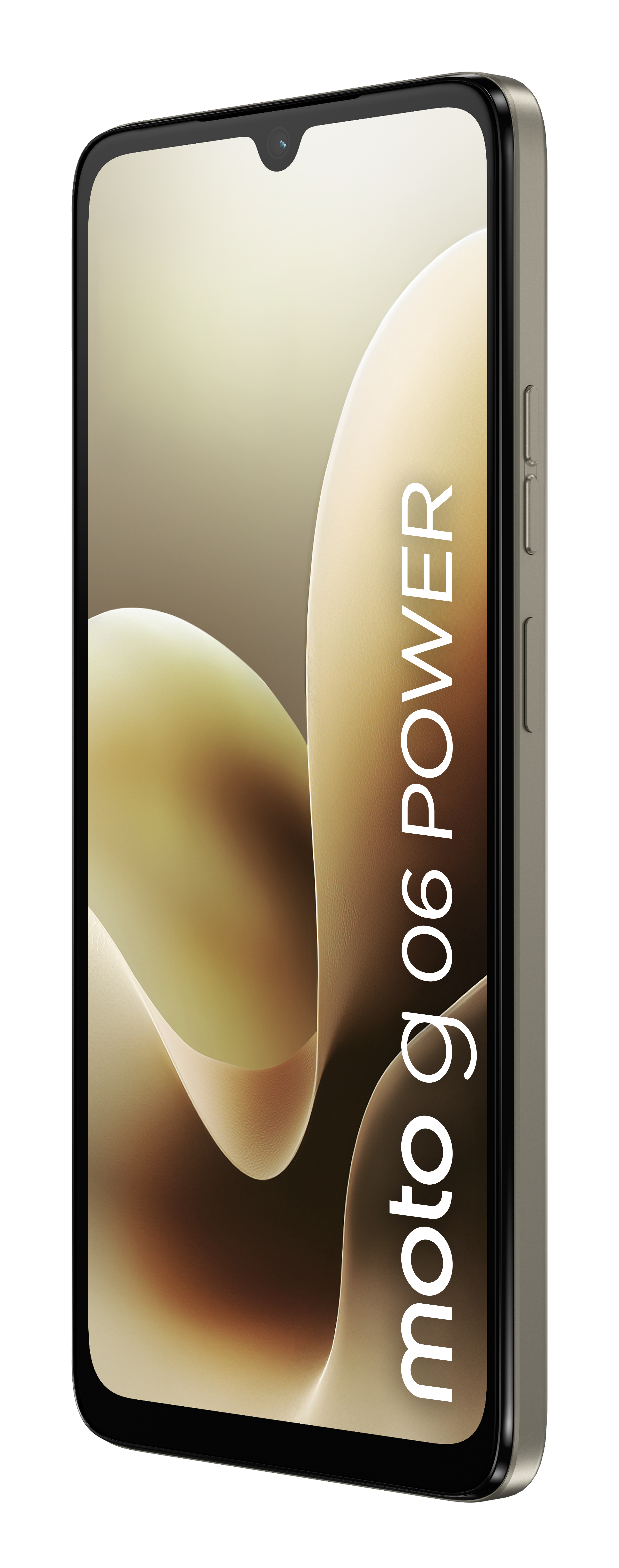 Lo smartphone argento Moto g06 Power mostra uno sfondo astratto e fluido con il marchio.