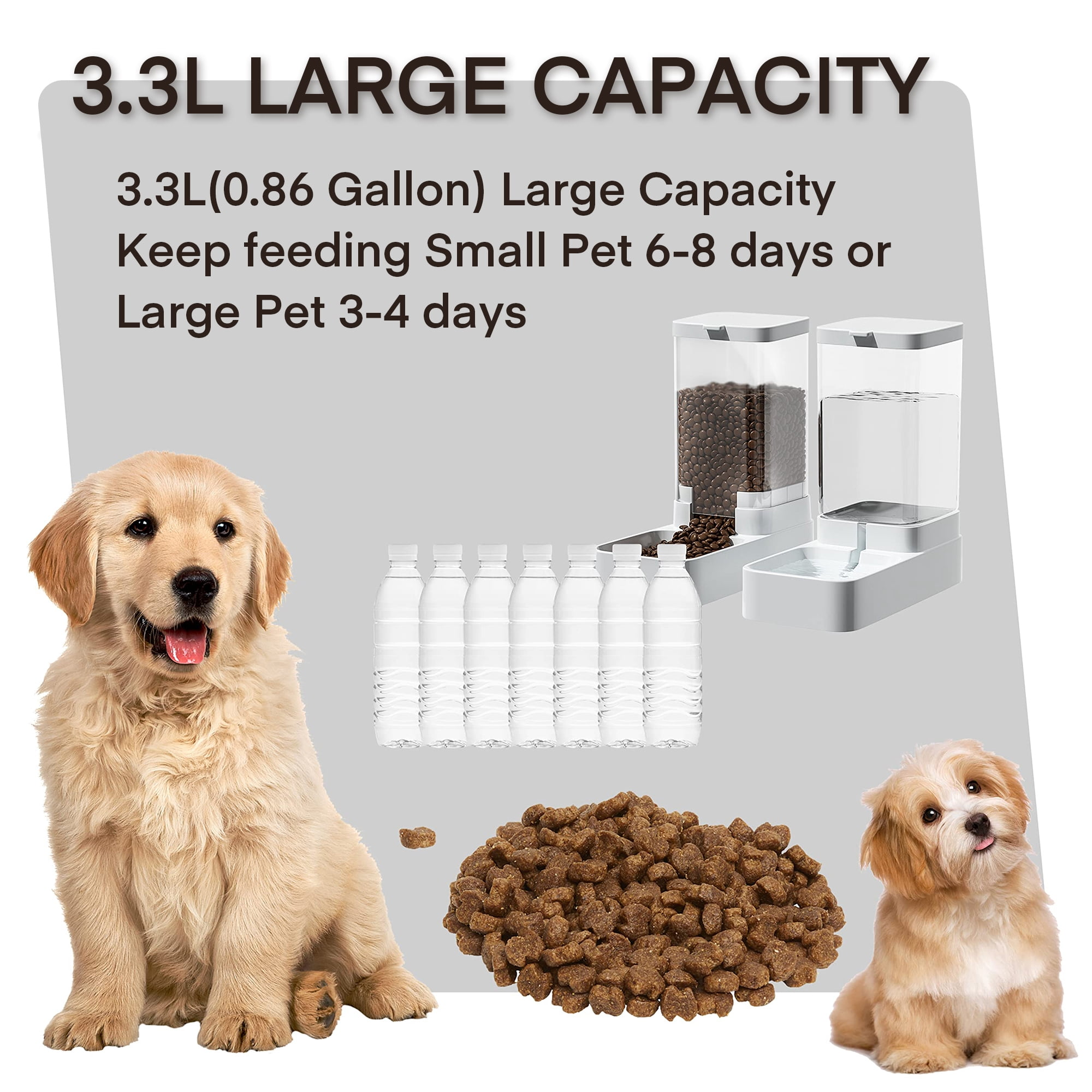 Werbung für 3.3L Haustierfutter- und Wasserspender mit zwei Hunden, Futter und Flaschen.