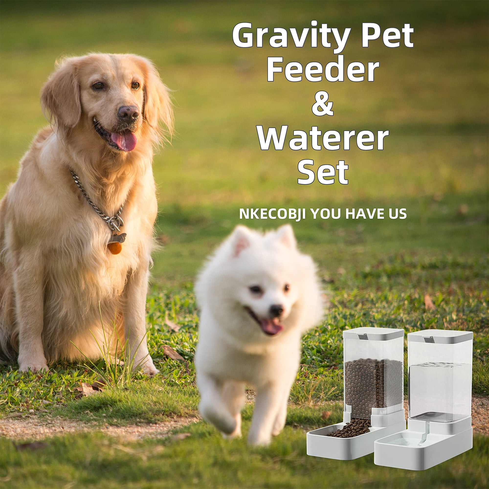 Ein Golden Retriever und ein kleiner weißer Hund auf einer Wiese neben einem automatischen Futter- und Wasserspender.