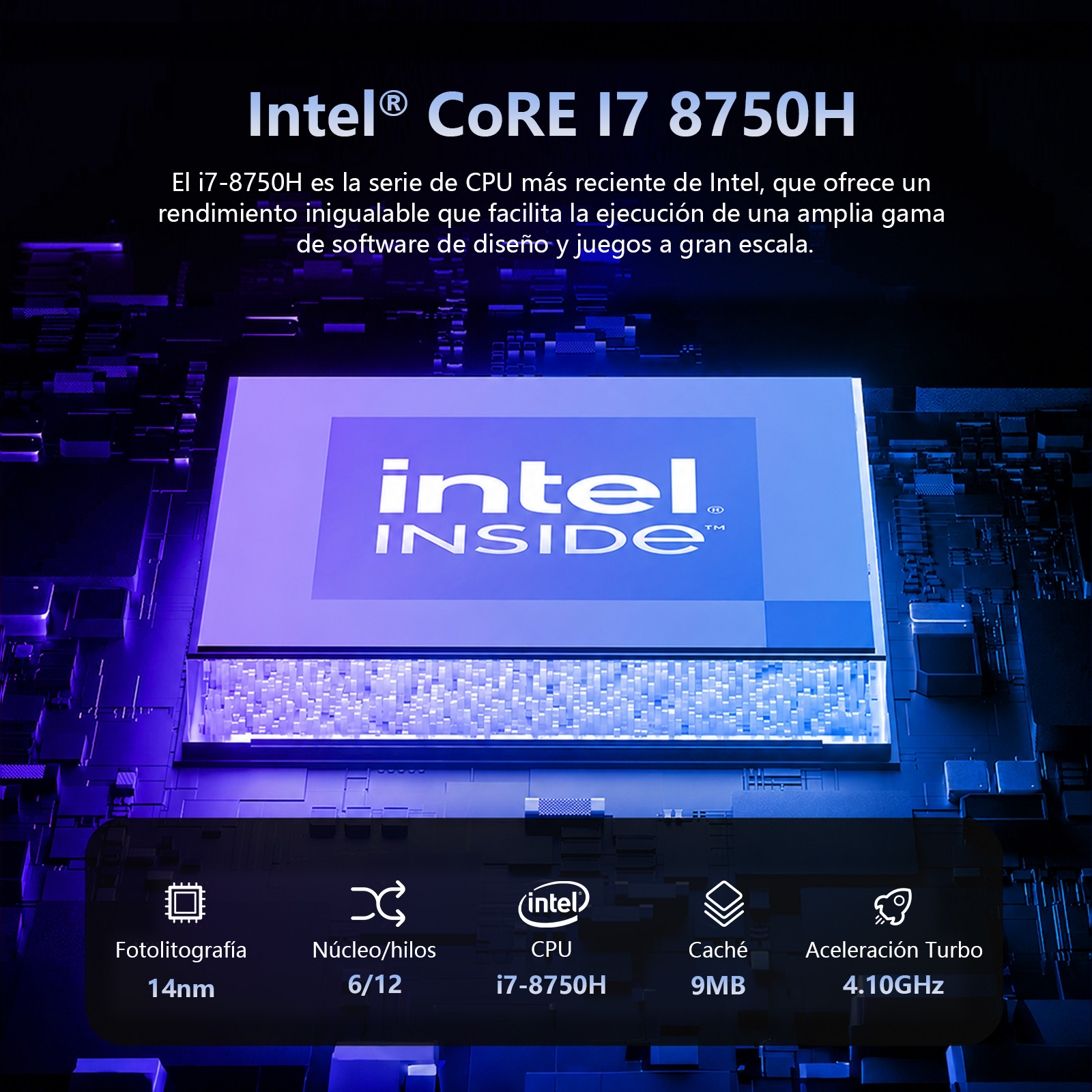 Procesador de CPU Intel Core i7 8750H en una placa de circuito azul.