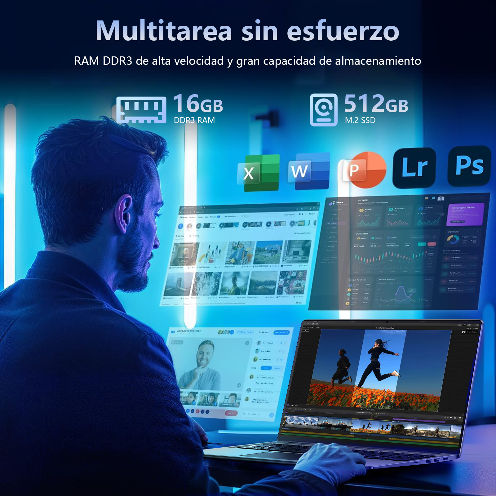 Un hombre frente a una laptop en una sala con iluminación azul y ventanas de aplicaciones flotantes.