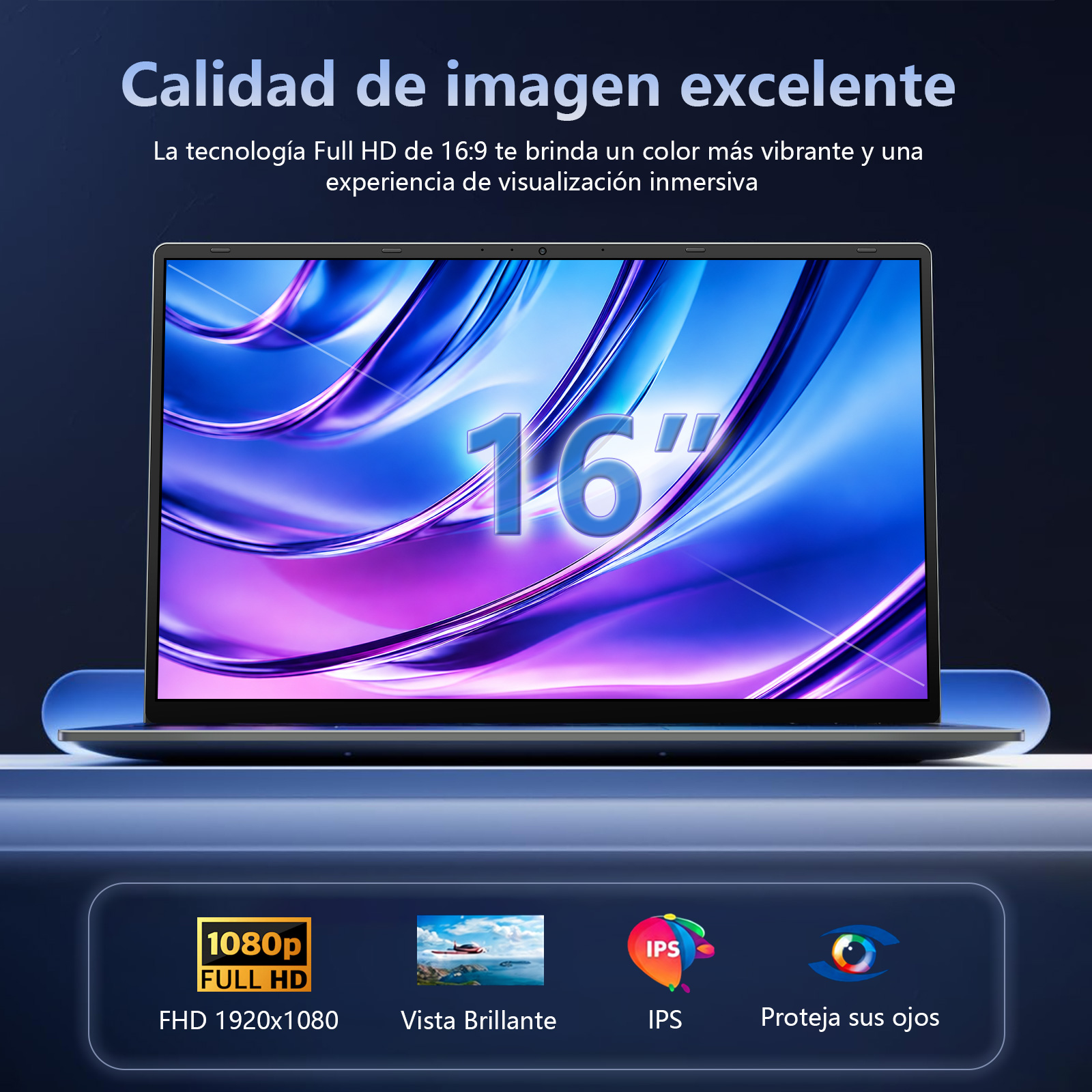Portátil con pantalla de 16 pulgadas y ondas azules, con iconos de FHD 1080p, vista brillante, IPS y protección ocular.