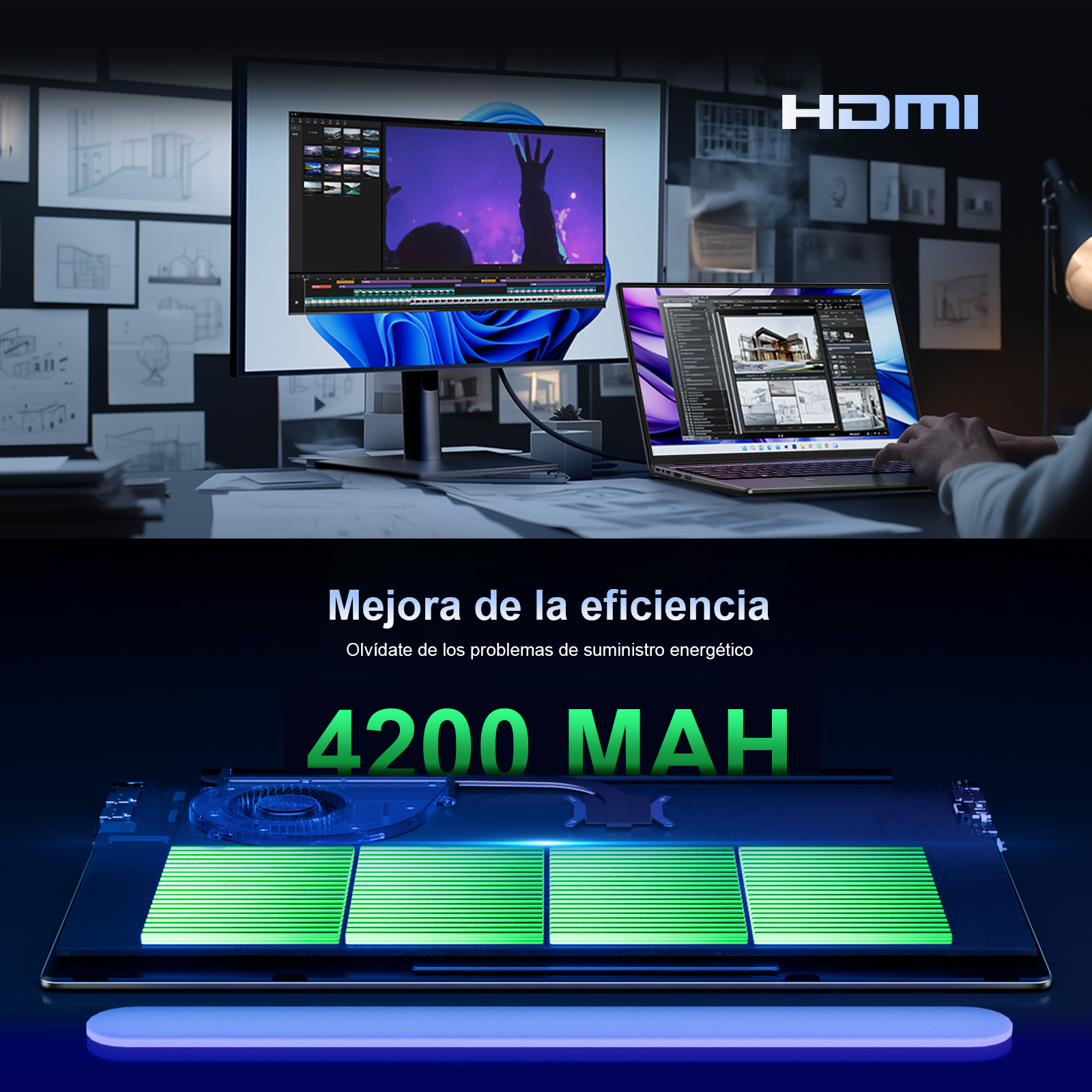 Un portátil y monitor en un escritorio, con un gráfico verde de 4200 MAH debajo.