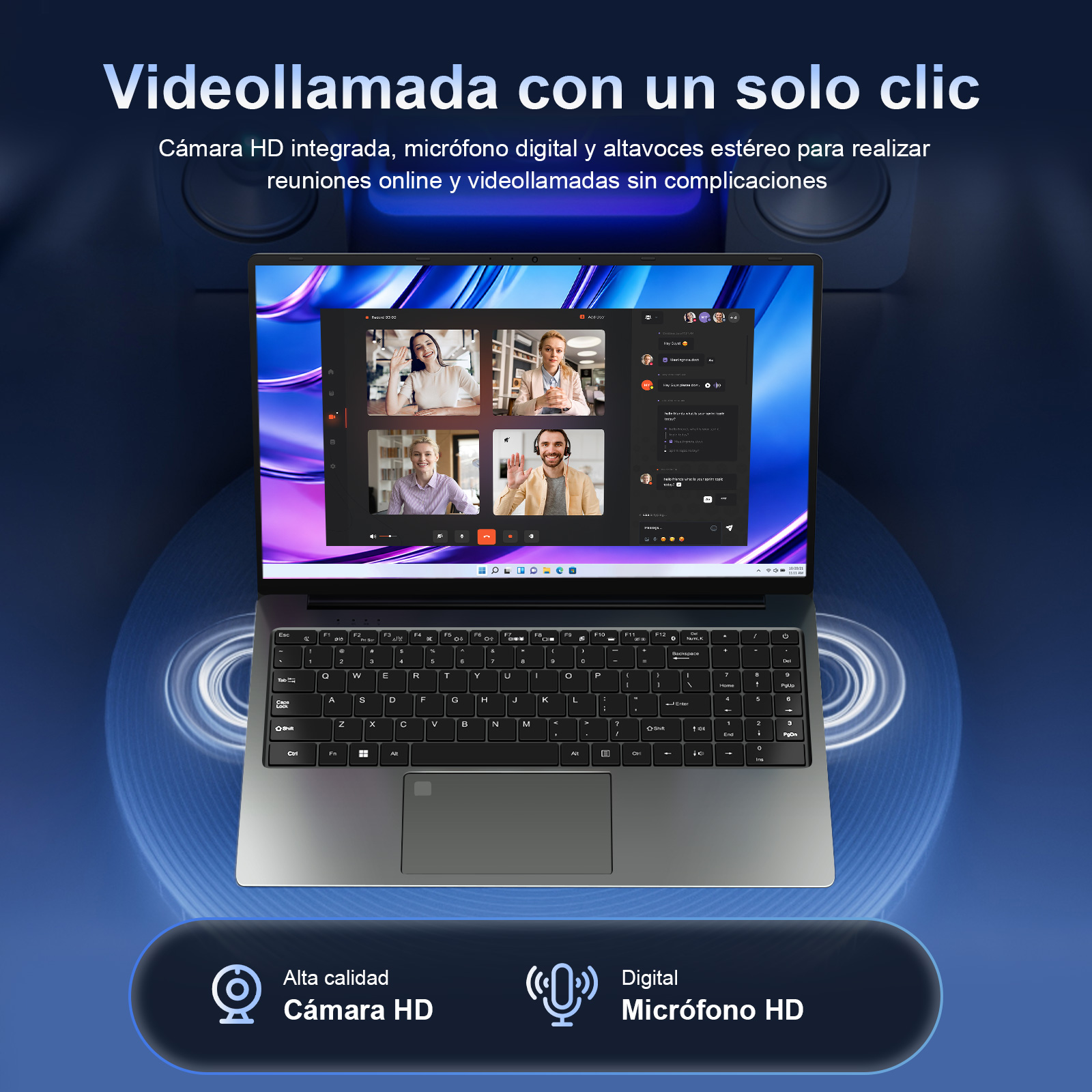Un portátil muestra una videollamada con cuatro participantes, rodeado de ondas de audio y texto.