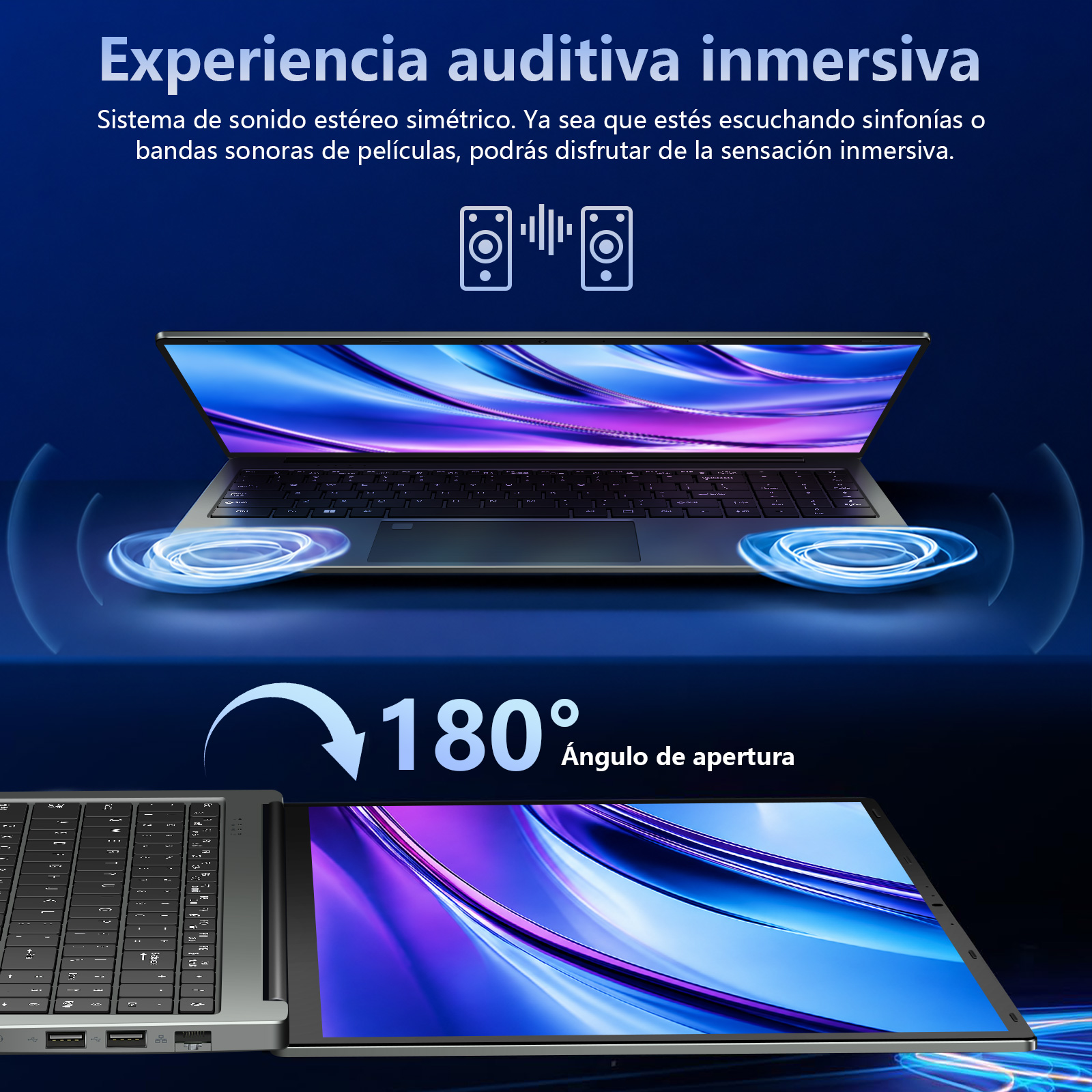 Una laptop que muestra ondas de audio y un ángulo de apertura de 180 grados.