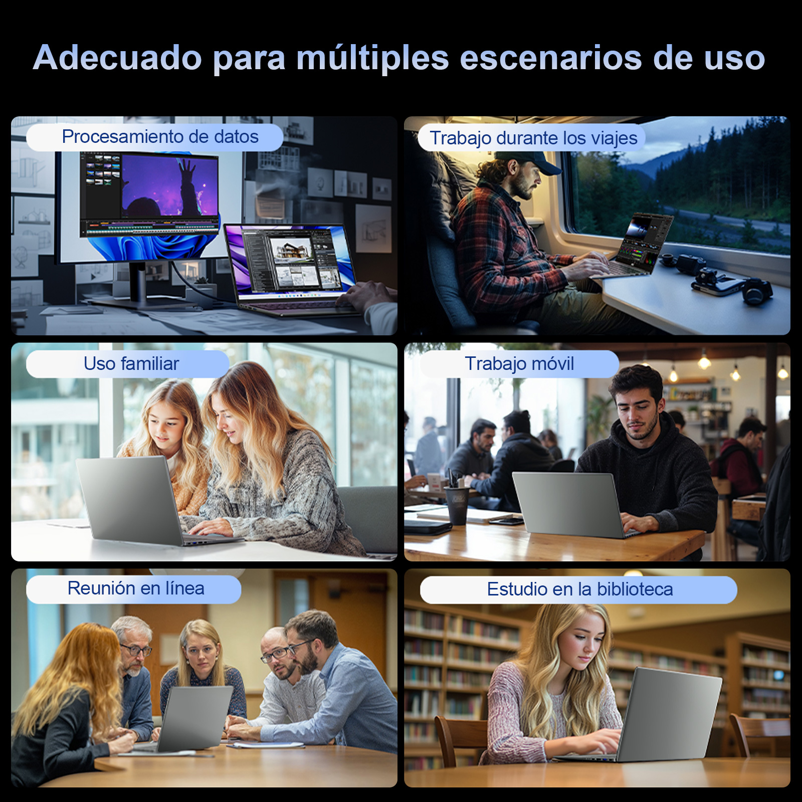 Seis paneles muestran portátiles en varios escenarios: procesamiento de datos, viajes, familia, trabajo móvil, reunión, biblioteca.