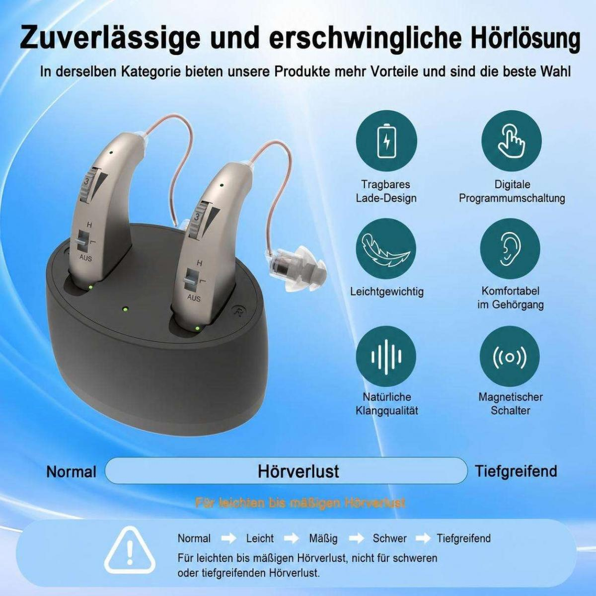 Zwei beige Hörgeräte in einer grauen Ladestation mit sechs Symbolen für Funktionen und einem Hörverlust-Diagramm.