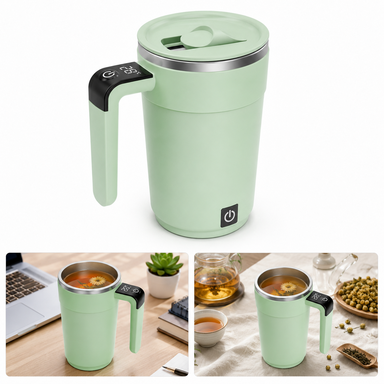 Hellgrüner elektrischer Becher mit digitaler Temperaturanzeige, Deckel und Griff auf weißem und hölzernem Hintergrund.