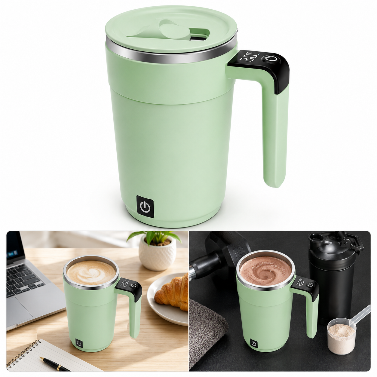 Hellgrüner elektrischer Mixbecher mit digitalem Display am Griff und L-Deckel vor weißem Hintergrund, unten mit Anwendungsfotos.