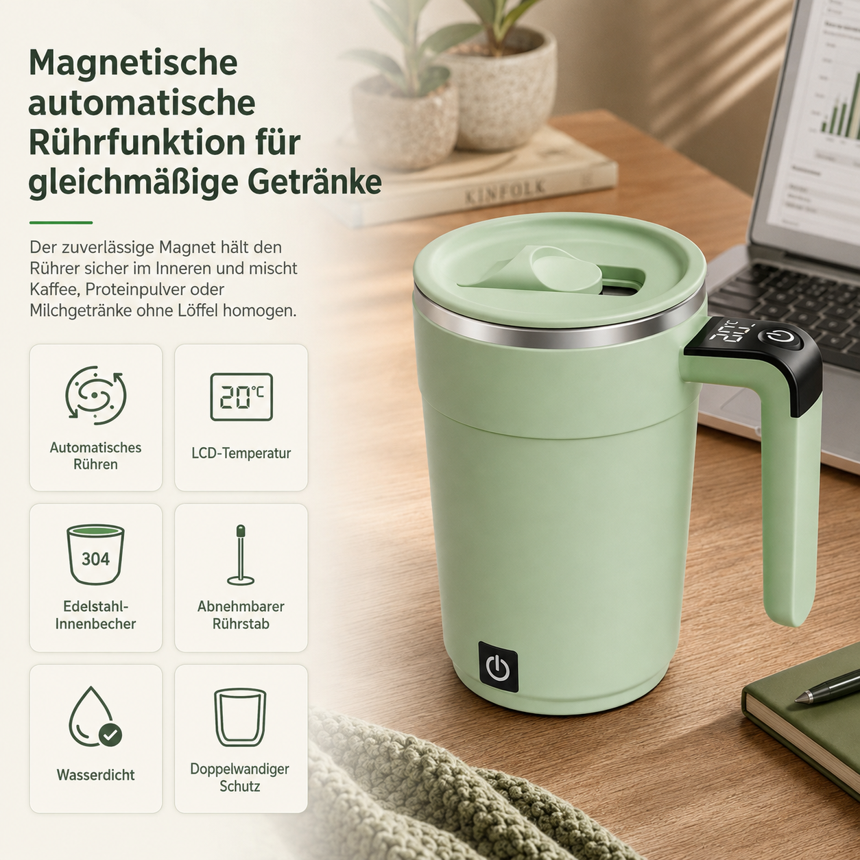 Grüner elektrischer Becher auf einem Holztisch mit Text und sechs Produktmerkmalen.