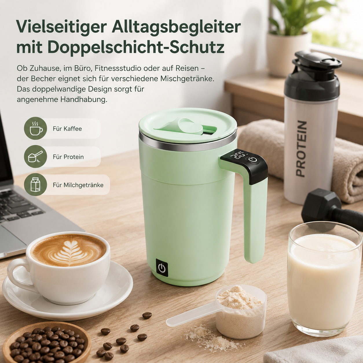 Ein mintgrüner elektrischer Mixbecher auf einem Holztisch mit Kaffee, Proteindrink und Pulverlöffel.