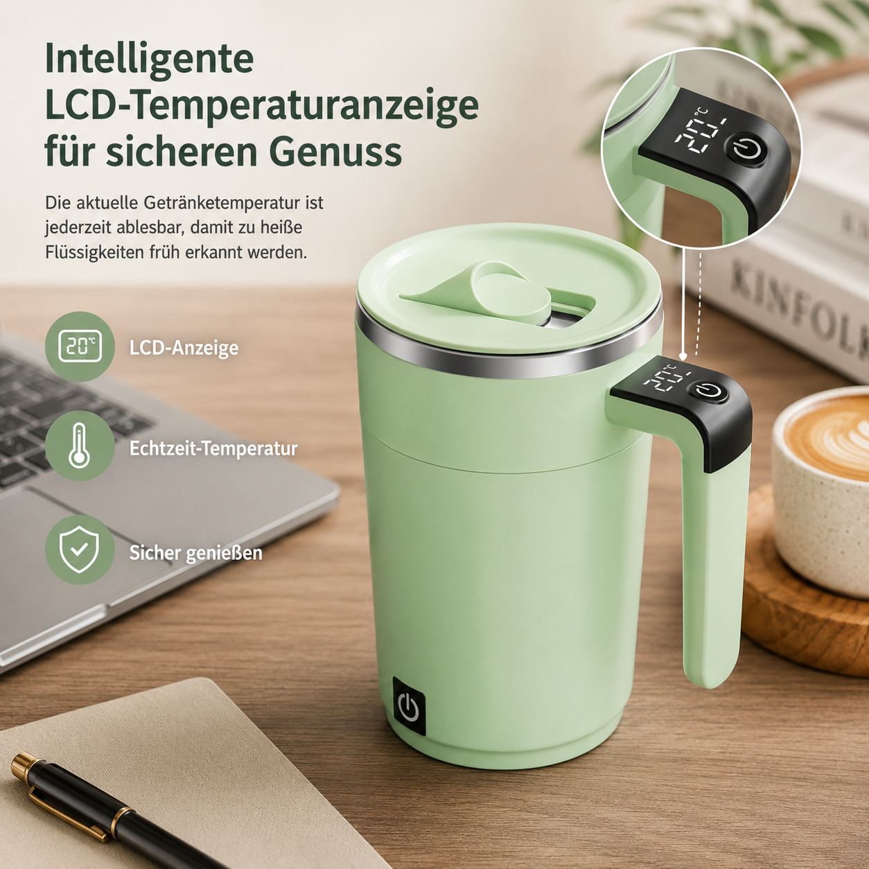 Einhelliger grüner Thermobecher mit LCD-Temperaturanzeige auf dem Griff, stehend auf einem Holztisch mit Laptop.