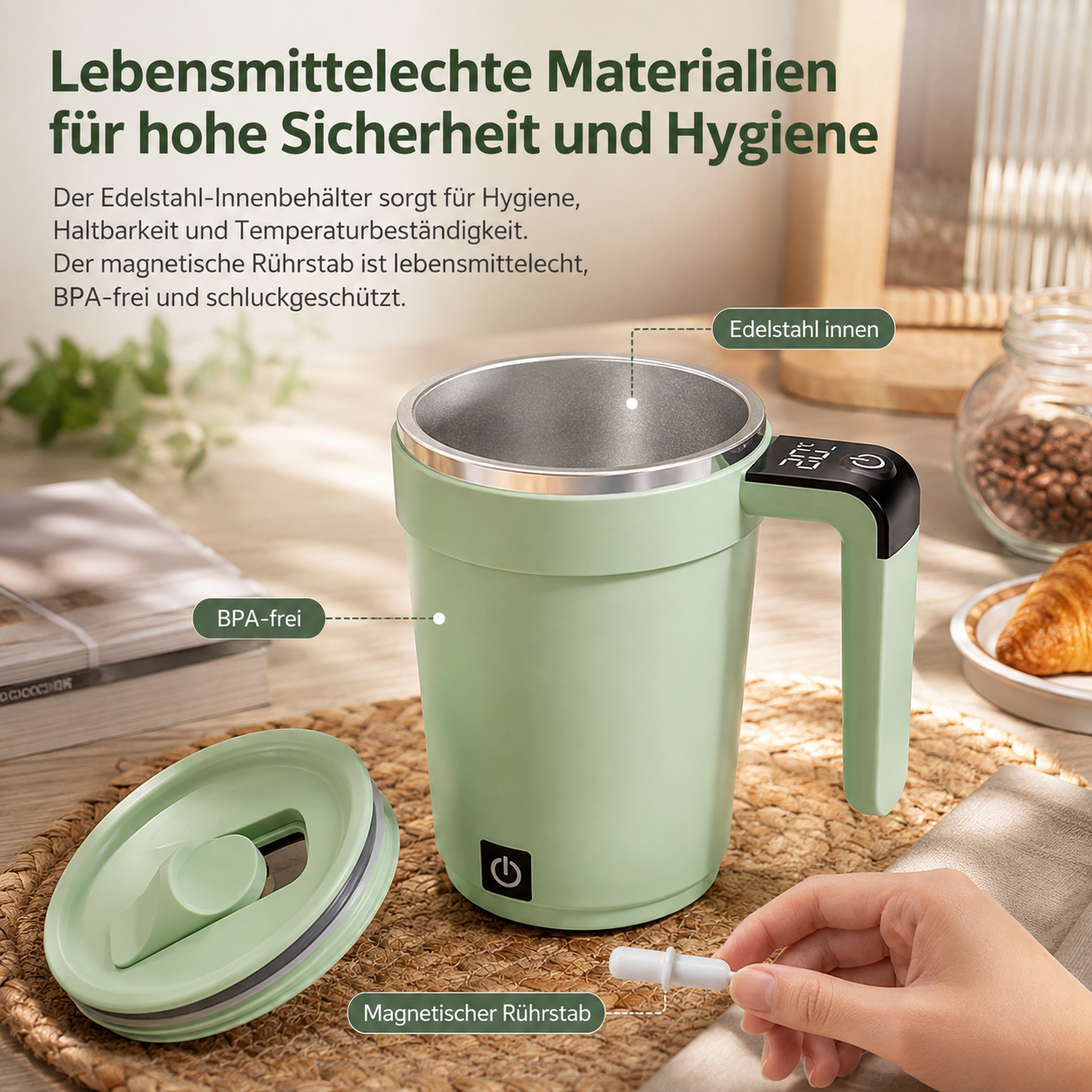 Ein grüner Milchaufschäumer mit Edelstahlbecher, Deckel, Magnetquirl, Text über sichere Materialien.