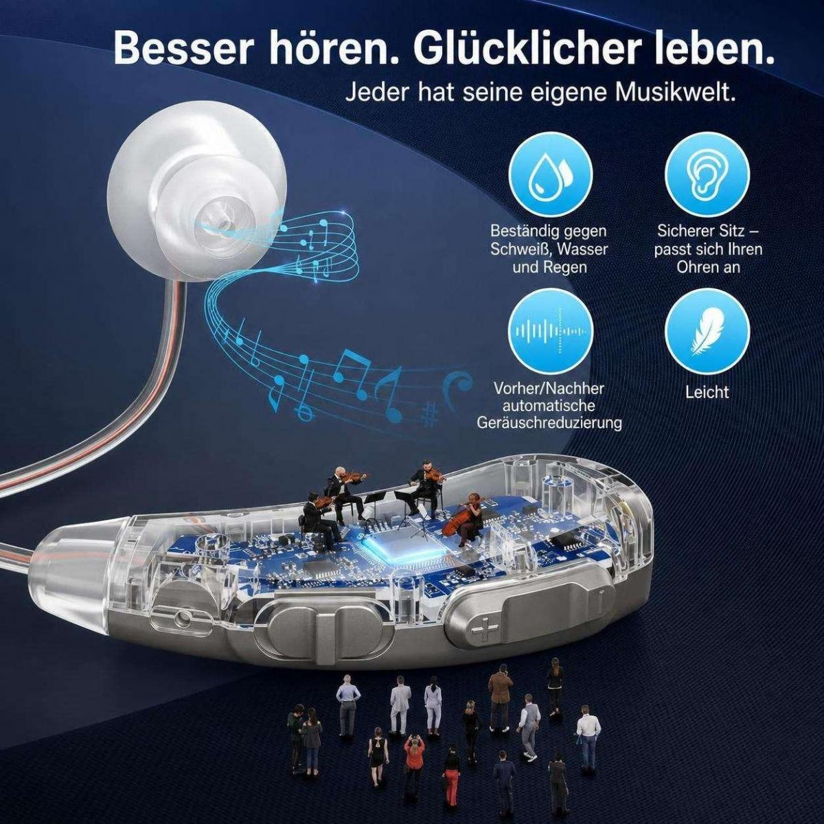 Werbebild für ein Hörgerät mit winzigem Orchester im Gehäuse und Produktfeatures auf blauem Grund.